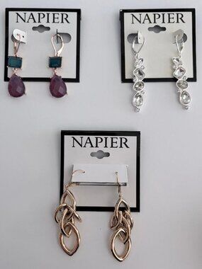 Napier Earrings Lot 3 Pairs Crystal Drop Chain Link Gold Silver Statement
